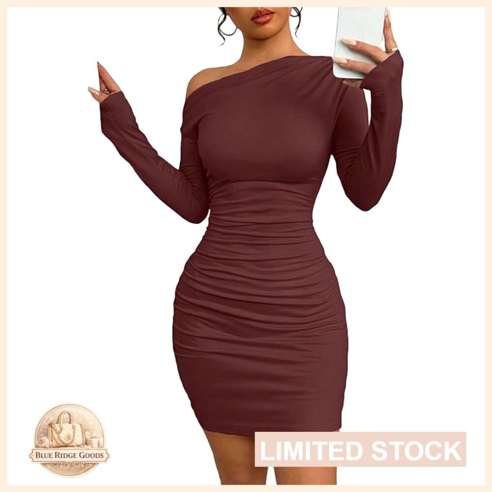 Off Shoulder Ruched Bodycon Mini Dress Long Sleeve Cocktail Party Elegant